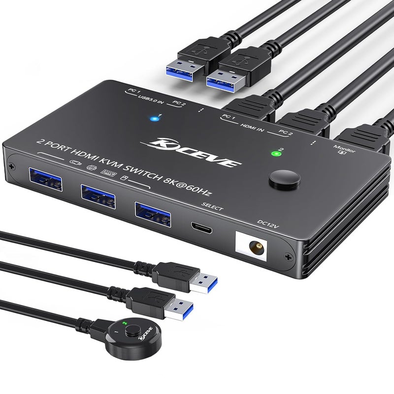 AOOCOO KVM Switch 8K@60Hz,HDMI KVM Switch for 2 Computers Sharing 1 Monitor and 3 USB3.0 Devices, Wired Remote Control and USB Cable Included - Image 1